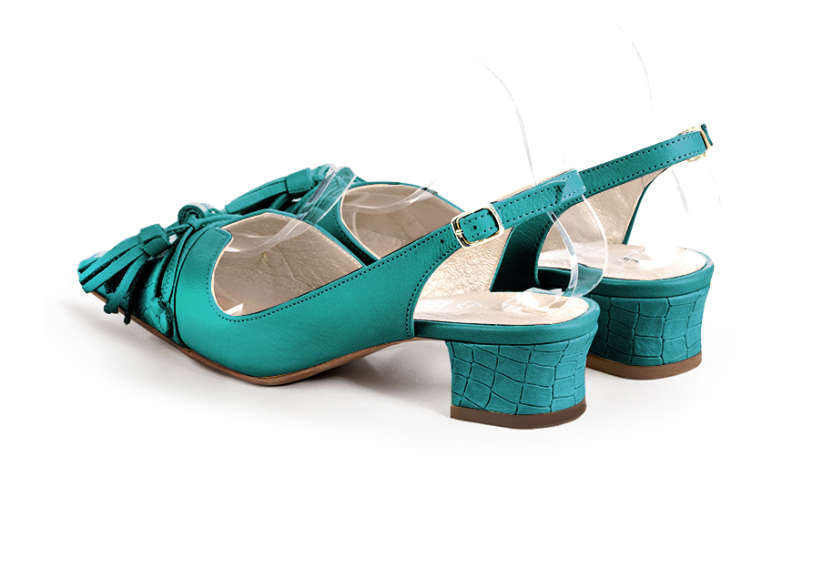 Turquoise blue women's open back shoes, with a knot. Tapered toe. Low kitten heels. Rear view - Florence KOOIJMAN